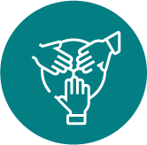 Accountability icon showing three hands joined in teamwork gesture